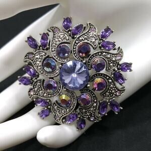 Vintage Purple Rhinestone Flower Brooch, Lavender Rivoli Stone, 1990s, 2 1/4 In